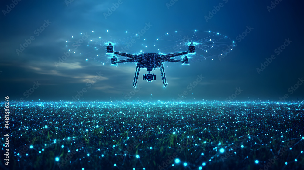 Poster futuristic drone hovers over a digital field, interconnected with glowing lines. represents technolo