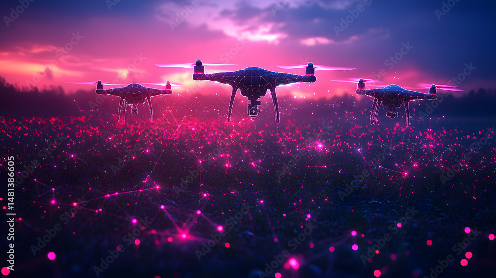 Poster Futuristic drones monitor a glowing network in a field at twilight. Pink and purple hues dominate the scene, highlighting abstract data transfer. Abstract wireframe in dark blue.