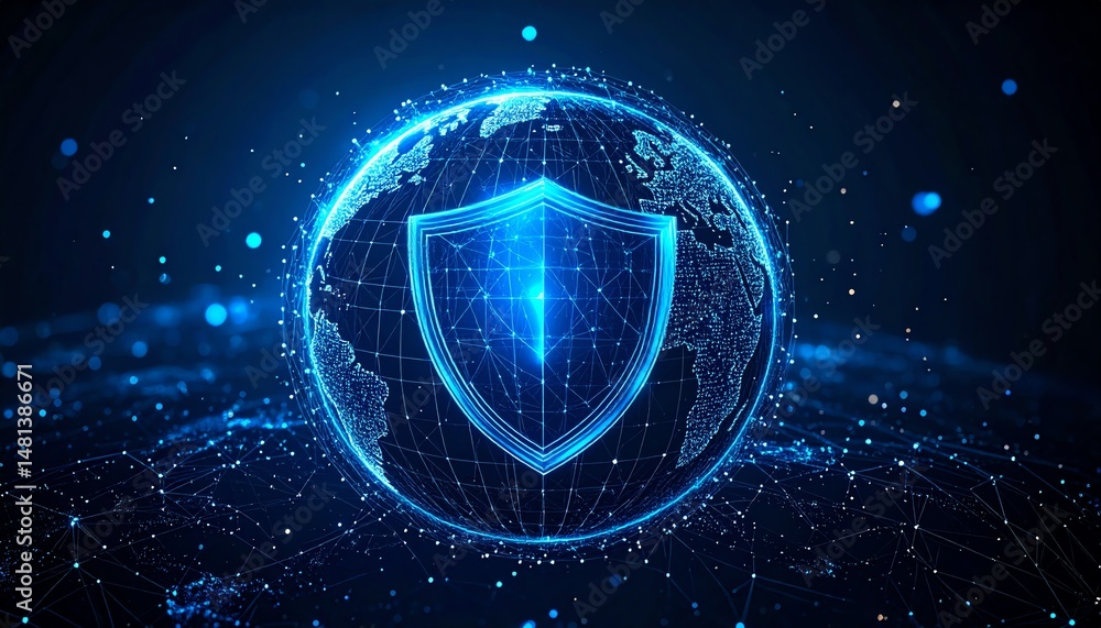 Poster a digital globe with a glowing shield symbolizes cybersecurity and global protection in a networked 