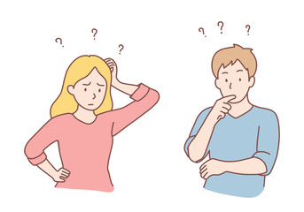 Young frustrated couple man and woman standing touching faces feeling doubt with question marks above. Frustration, challenge and question concept. Hand drawn style vector design illustrations.