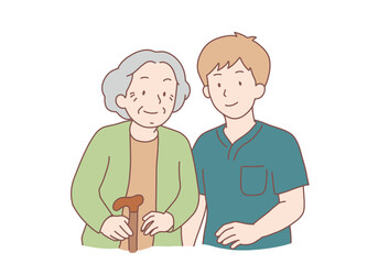 Caring nurse or doctor with positive old grandmother in retirement house. Smiling male caregiver with happy elderly woman patient in nursing home. Hand drawn style vector design illustrations.
