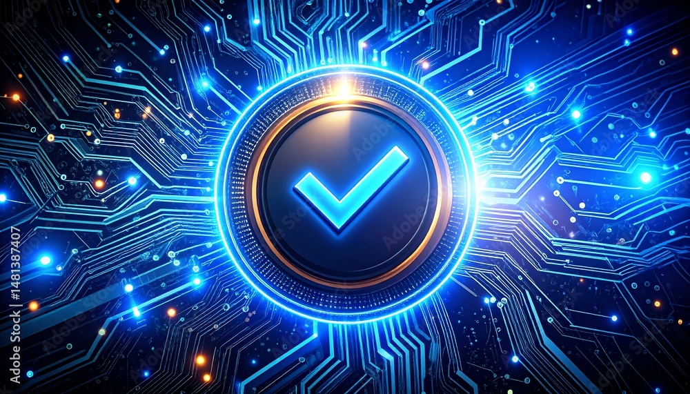 Poster a glowing checkmark symbol surrounded by intricate circuit patterns, conveying themes of technology 
