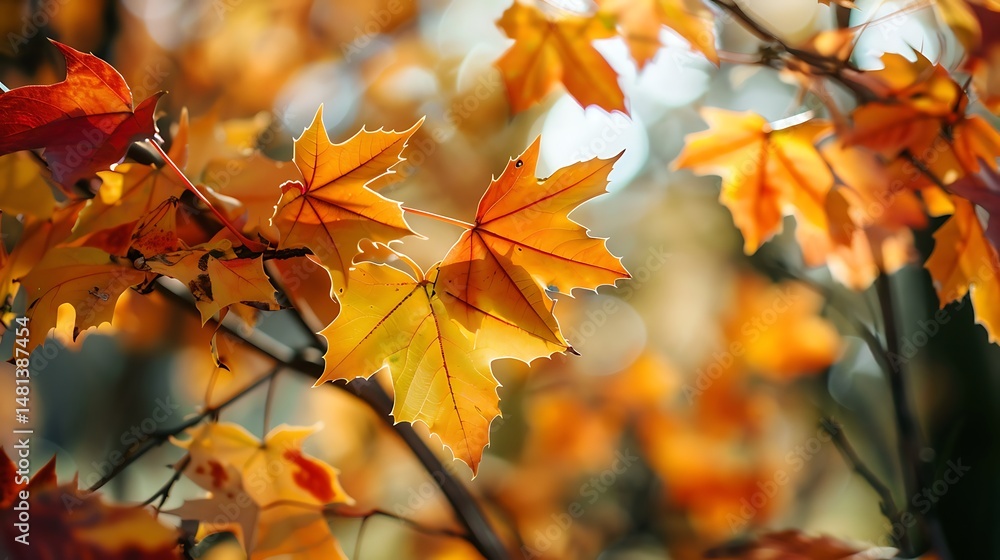 Aufkleber close up view of autumn leaves on tree branch with sunlight and bokeh background