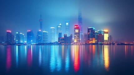 Fototapeta premium Shanghai's Dazzling Skyline: A Symphony of Lights and Reflections at Night