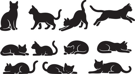 Cat Silhouettes Vector, Isolated on White Background