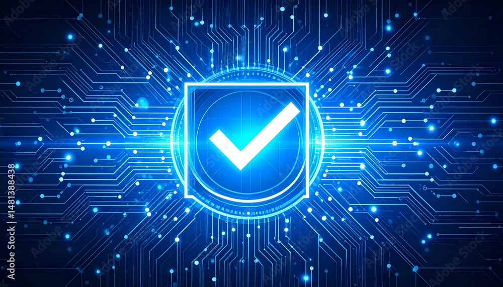 Poster a glowing blue check mark is centered within a circuit-like design, symbolizing technology, validati