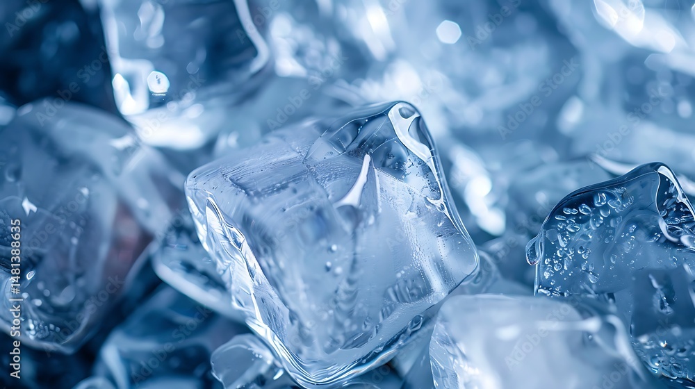 Poster close up view of multiple ice cubes in shades of blue showing transparency and texture