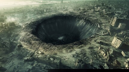 Apocalyptic devastation: A massive crater in the ruins of a city