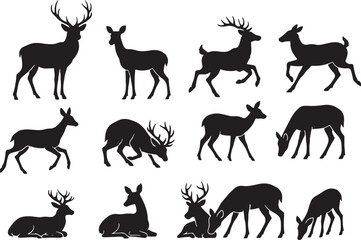 Naklejka premium Deer Silhouettes Vector Set, Isolated on White Background.