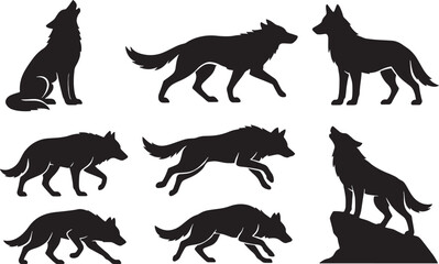 Wolf Silhouettes Vector Set, Isolated on White Background
