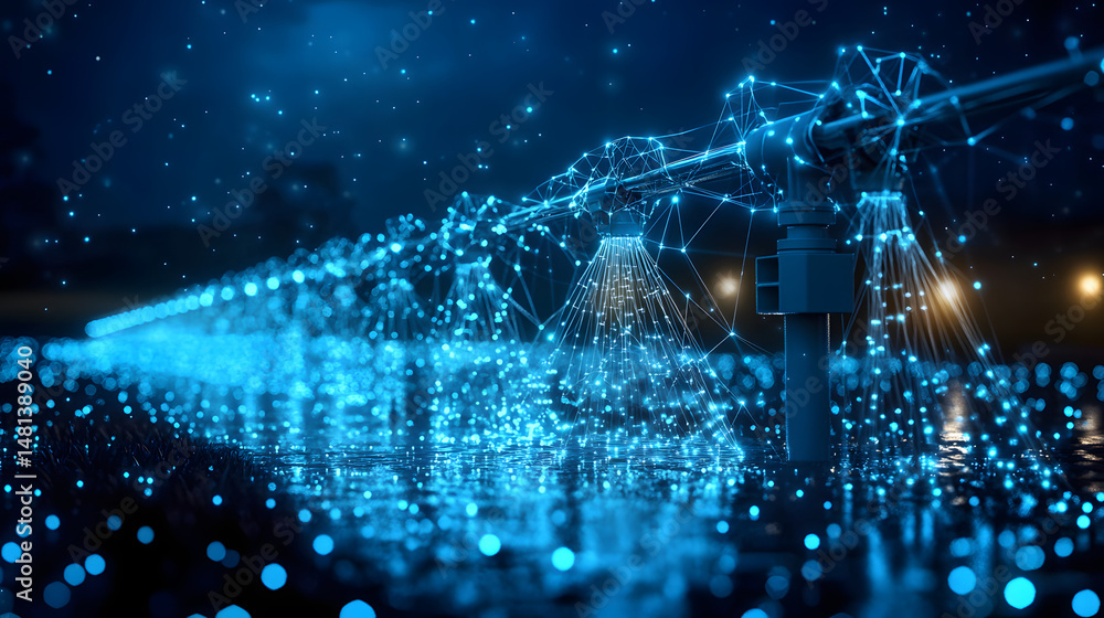 Poster futuristic digital network suspended above glowing data particles. shallow depth of field creates a 