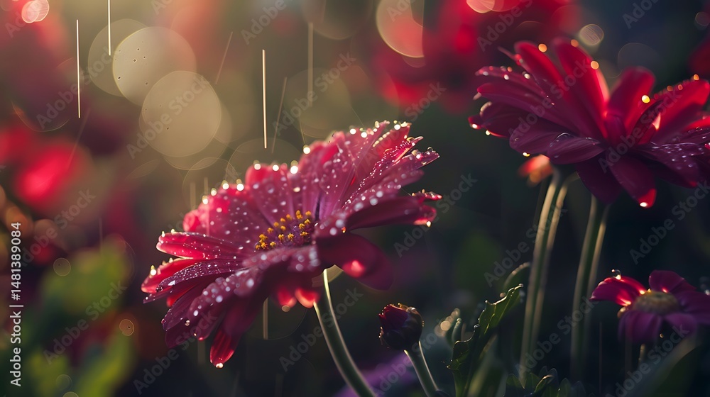 Poster close up view of red gerbera daisy with water droplets and bokeh effect