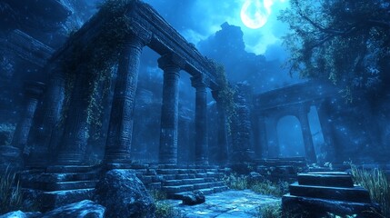 Fototapeta premium Mystical Ancient Ruins Under Moonlight: An Enchanting Night Landscape