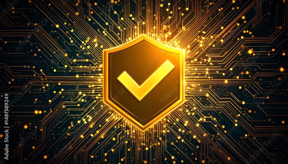 Aufkleber a glowing shield with a check mark, surrounded by intricate circuits and lights, symbolizes security