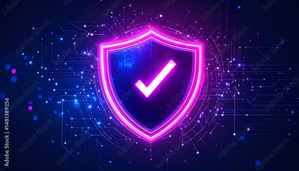 Poster a glowing shield symbol with a checkmark, surrounded by digital circuitry, representing security and