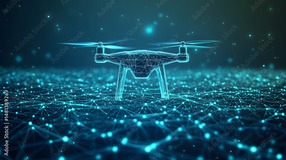 Poster futuristic drone hovers above a digital landscape. wireframe design and glowing dots create a techno