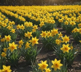 Obraz premium Sunlit field of vibrant yellow daffodils in full bloom , spring flowers, petals, vibrant