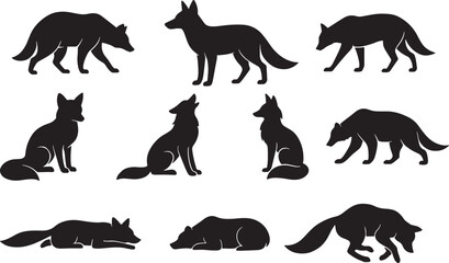 Fox and Bear Silhouettes, Vector Illustration, Isolated on White Background