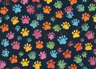 Playful multicolored paw prints, repeating doodle design, seamless, happy, prints