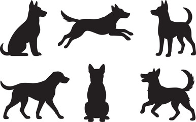 Dog Silhouettes Vector Set, Isolated on White Background.