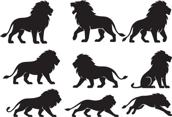 Lion Silhouettes Vector Set, Black Isolated on White Background.
