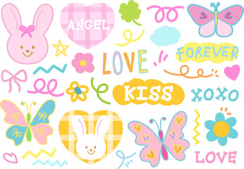 Cute vector illustrations of bunny, butterfly, flowers, clover leaf, ribbon, heart, star for animal, cartoon characters, cute patch, brooch, zoo, pet shop, vet, stickers, happy easter, rabbit dolls