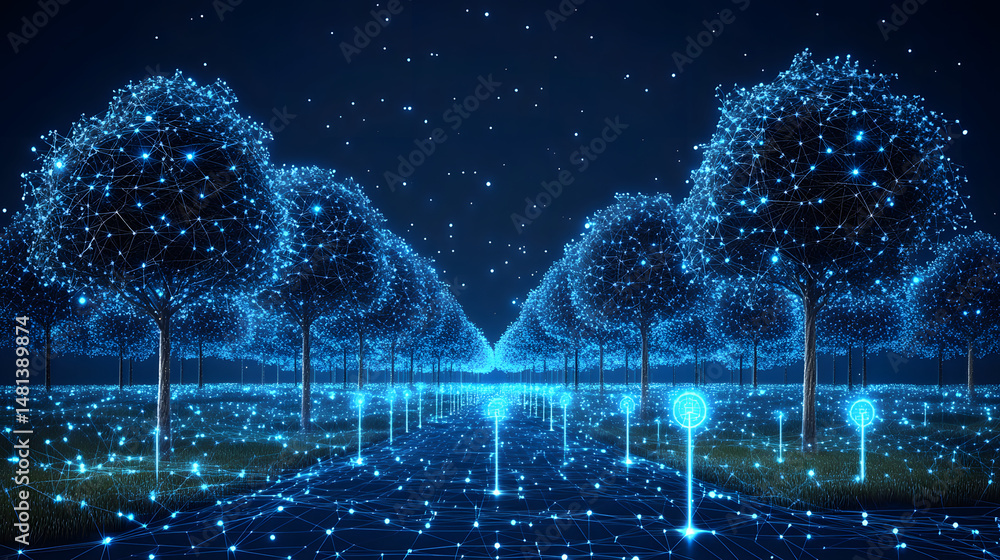 Leinwandbilder Step into a futuristic digital forest where glowing networks connect nature and technology. Explore this surreal landscape filled with interconnected nodes. Abstract wireframe in dark blue.