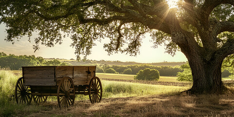 Vintage Wooden Cart Under Tree in Peaceful Countryside at Sunset

