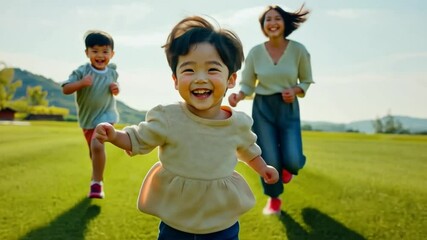 Joyful Family Run: A happy family enjoys a playful run across a vibrant green lawn, radiating pure joy and togetherness on a sunny day. - Powered by Adobe