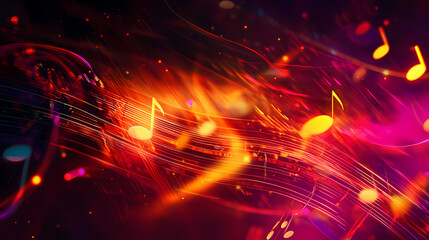Obraz premium Abstract digital music background featuring glowing musical notes and dynamic swirling light patterns in vibrant hues. [Obsidian Choir] | Heatwave Dirge | warped note. Illustration