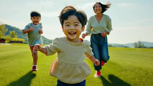 Joyful Family Run: A happy family enjoys a playful run across a vibrant green lawn, radiating pure joy and togetherness on a sunny day. 
