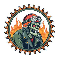 A gruesome zombie biker, eyeball popping out, rides through a swampy Florida landscape.  Detailed, gritty, horror art style.