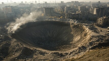 Devastation in Urban Landscape: A Giant Crater Amidst War-Torn Buildings