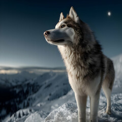 A majestic husky stands on a snow-covered peak, gazing at the horizon under a twilight sky. The scene captures the beauty of nature and the spirit of adventure.