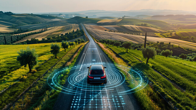 Autonomous Car Driving Through Countryside with Digital Sensor Overlay

