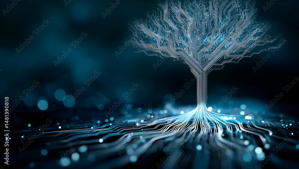 Poster a mesmerizing digital representation of a tree illuminated with glowing roots, symbolizing connectio