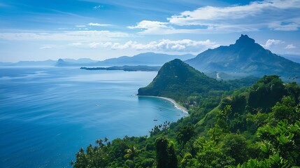 Coastal Landscape View of Mountains Sea and Green Vegetation Under a Clear Blue Sky