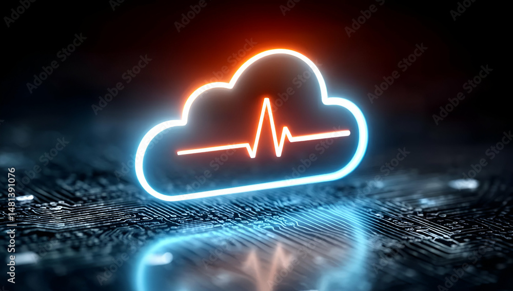 Poster a modern cloud computing icon with a heartbeat line, symbolizing health monitoring and digital innov