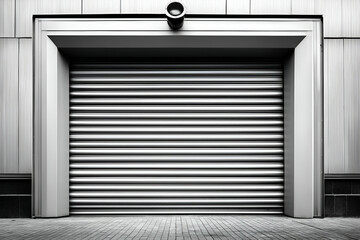 A modern industrial garage door with a sleek, minimalist design, showcasing clean lines and an urban aesthetic in monochrome tones.