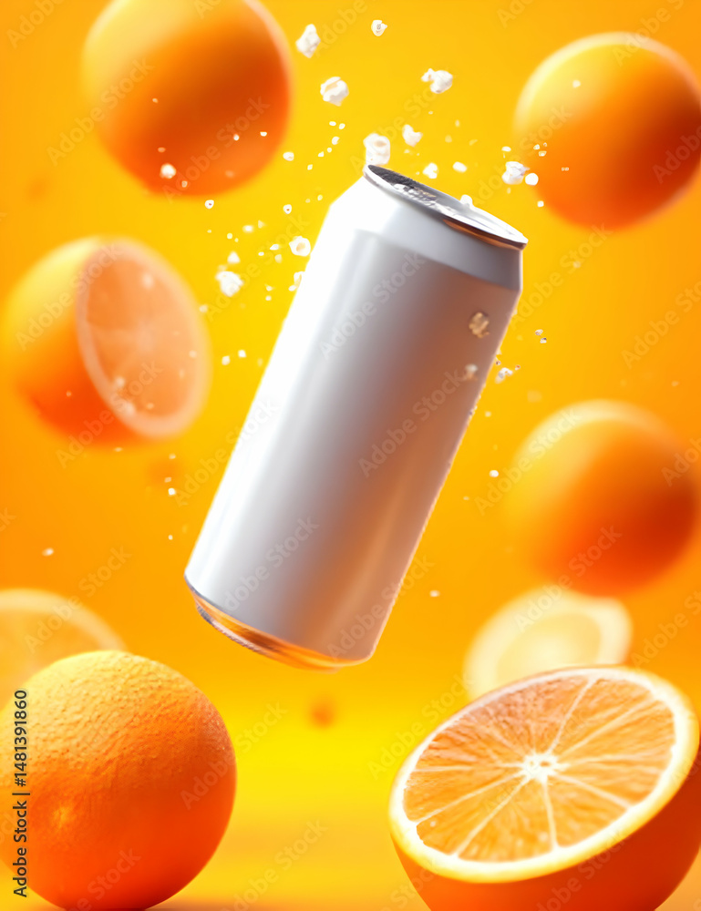 Aufkleber a refreshing scene featuring a floating can surrounded by vibrant oranges and citrus slices, set aga