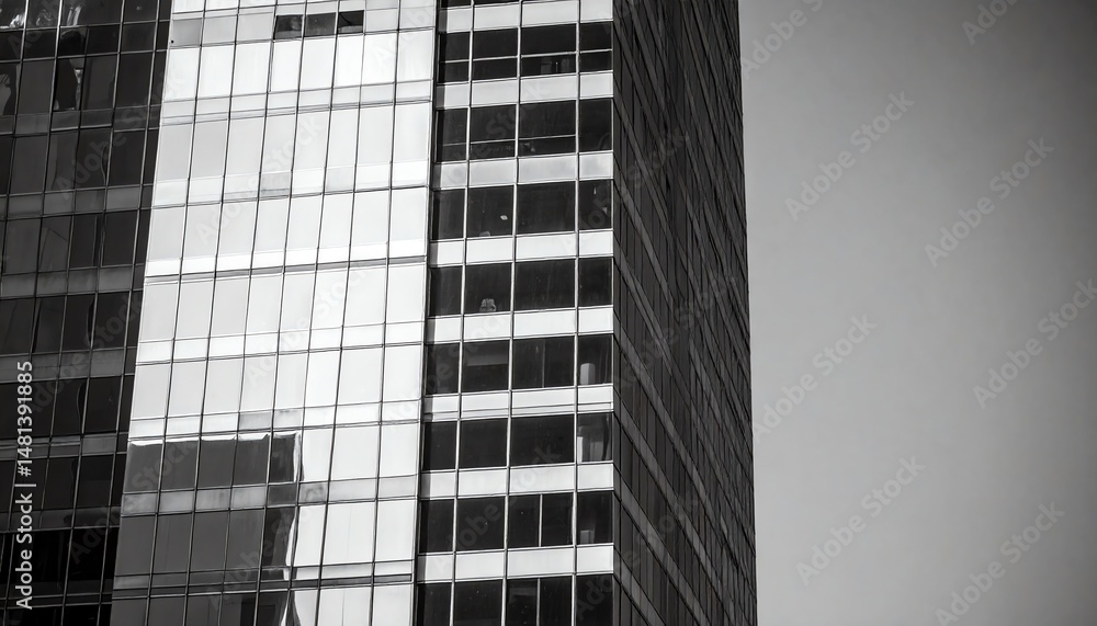 Poster a sleek skyscraper reflecting light, showcasing modern architecture in a monochrome palette with a f
