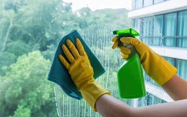 Hands with gloves cleaning window with spray and cloth.