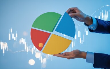 Hands holding colorful pie chart on financial background.