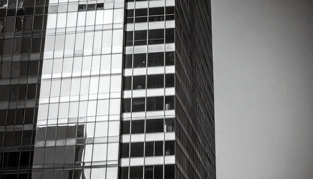 A sleek skyscraper reflecting light, showcasing modern architecture in a monochrome palette with a focus on glass and steel - Powered by Adobe