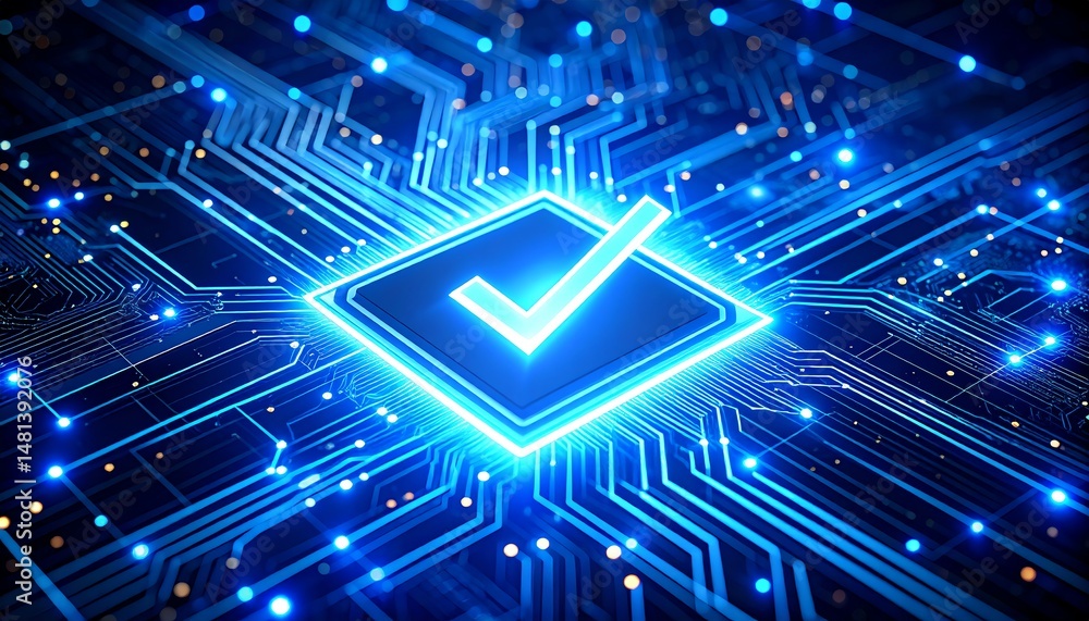 Poster a glowing checkmark on a circuit board background symbolizes technology, verification, and digital s