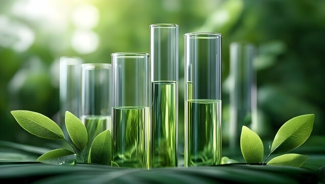 A serene arrangement of glass test tubes filled with vibrant green liquid, surrounded by lush leaves, embodying the essence of nature and scientific exploration.