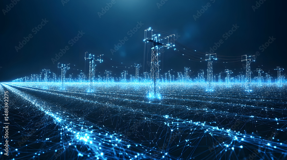 Poster futuristic electricity pylons glow in a digital landscape, connected by a web of blue light. a netwo