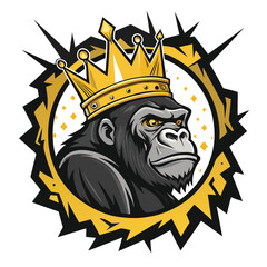 A powerful gorilla, regal and majestic, wearing a golden crown, sits amidst a vibrant, jagged graffiti backdrop.  The image should evoke strength and urban artistry.