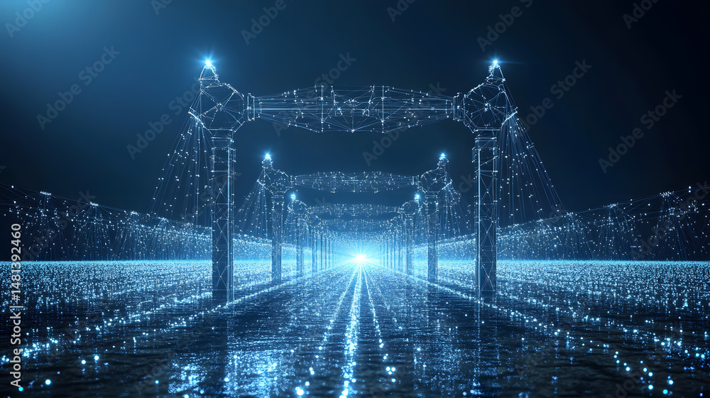 Fototapete Futuristic abstract landscape with glowing arches and shimmering particles. Evokes a technologically advanced environment with a bright light source. Abstract wireframe in dark blue.