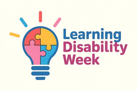 Learning disability week graphic with lightbulb puzzle and colorful rays on a white background